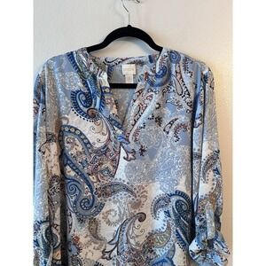 Chico's Tunic Blue Paisley Women's 2 Large Layered High Low Roll Tab Sleeve Top